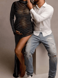 Yooulike Bodycon Mesh Rhinestone Shimmer See Through Irregular Slit High Neck Long Sleeve Elegant Photoshoot Maternity Maxi Dress