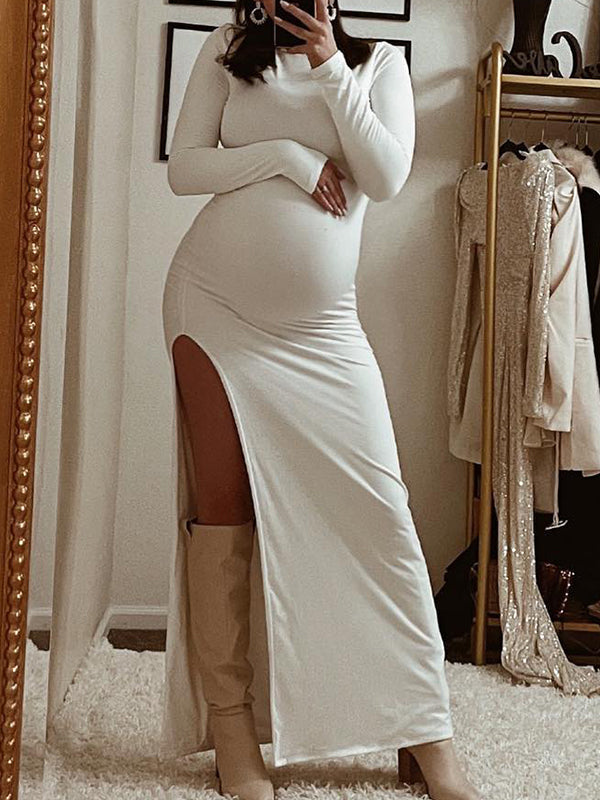 Yooulike White Bodycon Round Neck Side Slit Backless Long Sleeve Chic Elegant Evening Party Maternity Maxi Dress