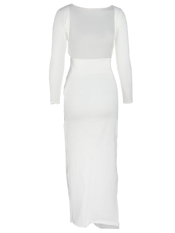 Yooulike White Bodycon Round Neck Side Slit Backless Long Sleeve Chic Elegant Evening Party Maternity Maxi Dress