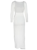 Yooulike White Bodycon Round Neck Side Slit Backless Long Sleeve Chic Elegant Evening Party Maternity Maxi Dress
