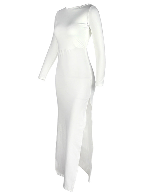 Yooulike White Bodycon Round Neck Side Slit Backless Long Sleeve Chic Elegant Evening Party Maternity Maxi Dress
