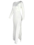 Yooulike White Bodycon Round Neck Side Slit Backless Long Sleeve Chic Elegant Evening Party Maternity Maxi Dress