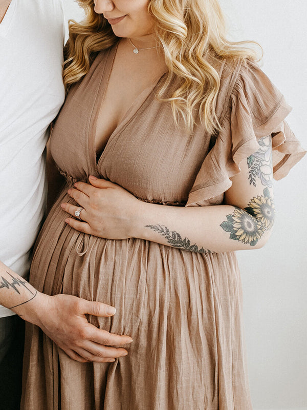 Yooulike Single Breasted Flouncy Draped V-Neck Short Sleeve Boho Fashion Vacation Holiday Babyshow Shooting Maternity Maxi Dress