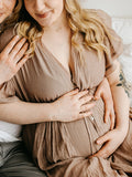 Yooulike Single Breasted Flouncy Draped V-Neck Short Sleeve Boho Fashion Vacation Holiday Babyshow Shooting Maternity Maxi Dress