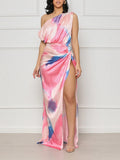 Yooulike Pink-Blue Tie Dye Satin Ruched Gradient Color Side Slit Backless Oblique Shoulder Elegant Fashion Evening Party Maxi Dress