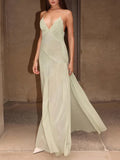 Yooulike Solid Color Ruffle V-Neck Backless Spaghetti Straps Sleeveless Elegant Fashion Holiday Beach Maxi Dress