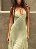 Yooulike Solid Color Ruffle V-Neck Backless Spaghetti Straps Sleeveless Elegant Fashion Holiday Beach Maxi Dress