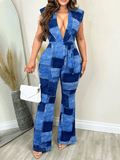 Yooulike Plaid Skinny Jean Belt Deep V-Neck Sleeveless Boyfriend Chic Elegant Fashion Cowboy Long Jumpsuits