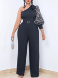 Yooulike Leopard Oblique Shoulder Puff Sleeve Belt Chic Elegant Fashion Plus Size Long Wide Leg Jumpsuits