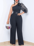 Yooulike Leopard Oblique Shoulder Puff Sleeve Belt Chic Elegant Fashion Plus Size Long Wide Leg Jumpsuits