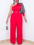 Yooulike Leopard Oblique Shoulder Puff Sleeve Belt Chic Elegant Fashion Plus Size Long Wide Leg Jumpsuits