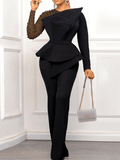 Yooulike Outfits For Women Ruffle Irregular Pearl Contrast Mesh Peplum Round Neck Long Sleeve Elegant Fashion Long Jumpsuits