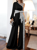 Yooulike Sparkly Glitter Gradient Color Bowknot Belt Shimmer Oblique Shoulder Long Sleeve Chic Elegant Long Wide Leg Jumpsuits