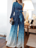 Yooulike Sparkly Glitter Gradient Color Bowknot Belt Shimmer Oblique Shoulder Long Sleeve Chic Elegant Long Wide Leg Jumpsuits