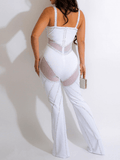 Yooulike Skinny Rhinestone Contrast Mesh Deep V-Neck Backless Spaghetti Straps Sleeveless Clubwear Elegant Fashion Long Jumpsuits