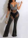 Yooulike Skinny Rhinestone Contrast Mesh Deep V-Neck Backless Spaghetti Straps Sleeveless Clubwear Elegant Fashion Long Jumpsuits