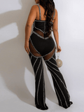 Yooulike Skinny Rhinestone Contrast Mesh Deep V-Neck Backless Spaghetti Straps Sleeveless Clubwear Elegant Fashion Long Jumpsuits