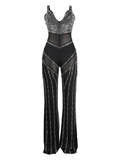 Yooulike Skinny Rhinestone Contrast Mesh Deep V-Neck Backless Spaghetti Straps Sleeveless Clubwear Elegant Fashion Long Jumpsuits