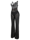 Yooulike Skinny Rhinestone Contrast Mesh Deep V-Neck Backless Spaghetti Straps Sleeveless Clubwear Elegant Fashion Long Jumpsuits