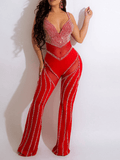 Yooulike Skinny Rhinestone Contrast Mesh Deep V-Neck Backless Spaghetti Straps Sleeveless Clubwear Elegant Fashion Long Jumpsuits