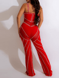 Yooulike Skinny Rhinestone Contrast Mesh Deep V-Neck Backless Spaghetti Straps Sleeveless Clubwear Elegant Fashion Long Jumpsuits