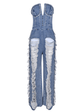 Yooulike Blue Women's Ripped Tassel Denim One-piece Romper Straight Rivet V-neck Bandeau Streetwear Fashion Club Cowboy Long Jumpsuits