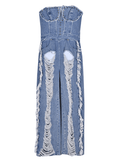 Yooulike Blue Women's Ripped Tassel Denim One-piece Romper Straight Rivet V-neck Bandeau Streetwear Fashion Club Cowboy Long Jumpsuits