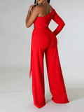 Yooulike Women One Shoulder Asymmetrical Sleeve Feather Wide Legs Jumpsuits Belt Elegant Fashion Party One Piece Rompers