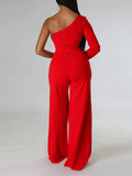 Yooulike Women One Shoulder Asymmetrical Sleeve Feather Wide Legs Jumpsuits Belt Elegant Fashion Party One Piece Rompers