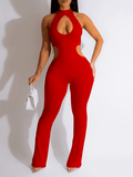 Yooulike Off Shoulder Solid Color Slim Cur Out Round Neck Sleeveless Elegant Fashion Women Long Jumpsuits