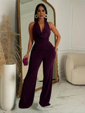 Yooulike Women Slim Plunging Neckline Halter Neck Backless Sleeveless Chic Clubwear Jumpsuits