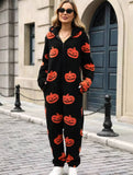 Yooulike Halloween Women Pumpkin Lantern Long Jumpsuits Fuzzy Zipper Pockets Hooded Long Sleeve Loose Chic Pajama Sets