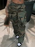 Yooulike Women Camo Straight Cotton Buttons Pockets Zipper High Waist Fashion Military Long Cargo Pants