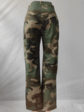 Yooulike Women Camo Straight Cotton Buttons Pockets Zipper High Waist Fashion Military Long Cargo Pants