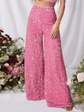 Yooulike Autumn Women Flare Pants Sequin Sparkly Medium Waist Elegant Fashion Loose Vintage Clubwear Party Long Trousers