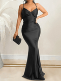 Yooulike Bodycon Satin Mermaid V-Neck Cross Back Backless Spaghetti Straps Sleeveless Elegant Evening Party Long Maxi Dress