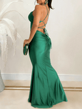 Yooulike Bodycon Satin Mermaid V-Neck Cross Back Backless Spaghetti Straps Sleeveless Elegant Evening Party Long Maxi Dress