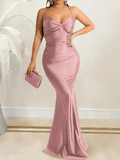 Yooulike Bodycon Satin Mermaid V-Neck Cross Back Backless Spaghetti Straps Sleeveless Elegant Evening Party Long Maxi Dress