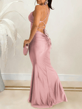 Yooulike Bodycon Satin Mermaid V-Neck Cross Back Backless Spaghetti Straps Sleeveless Elegant Evening Party Long Maxi Dress