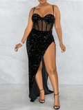 Yooulike Sequin Side Slit Bodycon Mesh Shimmer Bandeau Backless Spaghetti Straps Elegant Cocktail Long Maxi Dress