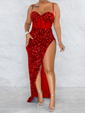 Yooulike Sequin Side Slit Bodycon Mesh Shimmer Bandeau Backless Spaghetti Straps Elegant Cocktail Long Maxi Dress