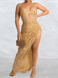 Yooulike Sequin Side Slit Bodycon Mesh Shimmer Bandeau Backless Spaghetti Straps Elegant Cocktail Long Maxi Dress