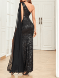 Yooulike Bodycon Sequin Shimmer Chiffon Side Draped Slit Backless Oblique Shoulder Elegant Evening Party Banquet Maxi Dress