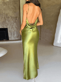 Yooulike Bodycon Satin Side Slit Ruffle Backless Spaghetti Straps Sleeveless Clubwear Women Elegant Evening Party Maxi Dress