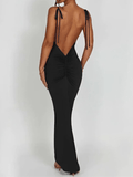 Yooulike Solid Color Ruffle Bodycon Bandeau Spaghetti Straps V-Back Open Back Sleeveless Elegant Evening Party Long Maxi Dress