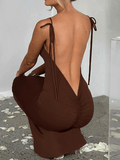 Yooulike Solid Color Ruffle Bodycon Bandeau Spaghetti Straps V-Back Open Back Sleeveless Elegant Evening Party Long Maxi Dress