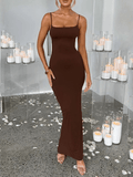 Yooulike Solid Color Ruffle Bodycon Bandeau Spaghetti Straps V-Back Open Back Sleeveless Elegant Evening Party Long Maxi Dress