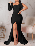 Yooulike Bodycon Slit Oblique Shoulder One-Shoulder Mermaid Backless Long Sleeve Evening Party Maternity Maxi Dress