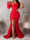 Yooulike Bodycon Slit Oblique Shoulder One-Shoulder Mermaid Backless Long Sleeve Evening Party Maternity Maxi Dress