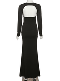 Yooulike Solid Color Bodycon Hollow Out Square Neck Bandeau Crop Backless Long Sleeve Clubwear Chic Cocktail Maxi Dress